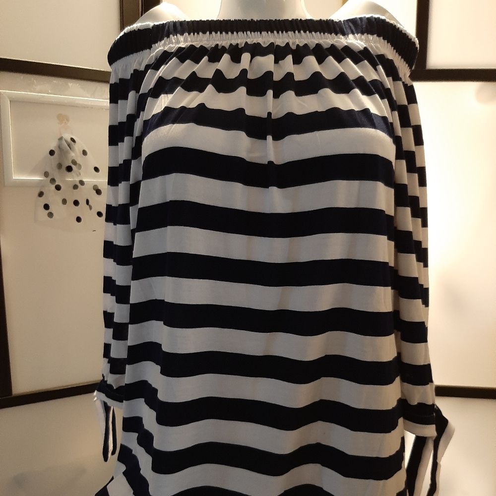 Ruby Ribbon Off-the-Shoulder Navy and White Striped Blouse